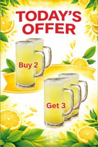 दो गिलास करना जूस खरीदिए और पाईए एक गिलास अतिरिक्त यानी बाय टू गेट 3 ऑफर चल रहा है।